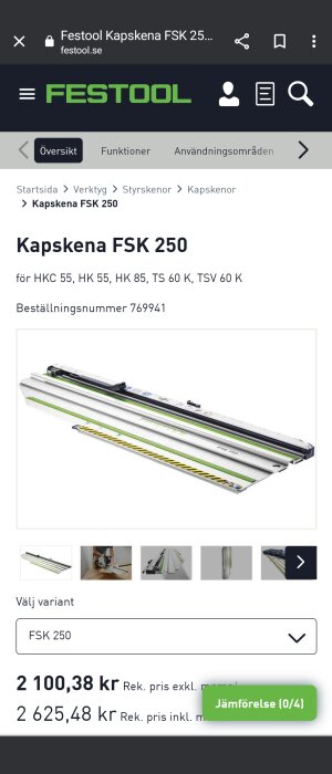 Webbsida som visar en Festool kapskena FSK 250 för sågverktyg, med prisinformation och produktbilder.