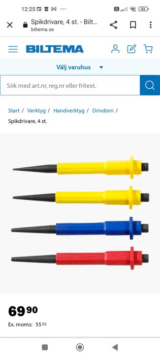 Fyra spikdrivare med olika färgade handtag på en webbshopssida, pris 69,90 SEK.