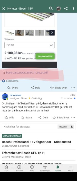 Skärmdump av diskussionsforum som visar Bosch-produkt, priser och användarkommentar.