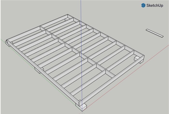 3D-modellerad struktur ritad i SketchUp, möjlig grundplan för ett byggprojekt.