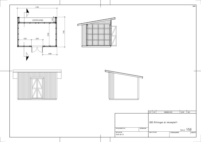 Arkitektoniska ritningar av en byggnad eller konstruktion. Planvy, sektioner och fasad med mått och skala.