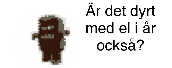 Pixelkonst, brun figur till vänster, text på svenska höger: "Är det dyrt med el i år också?"