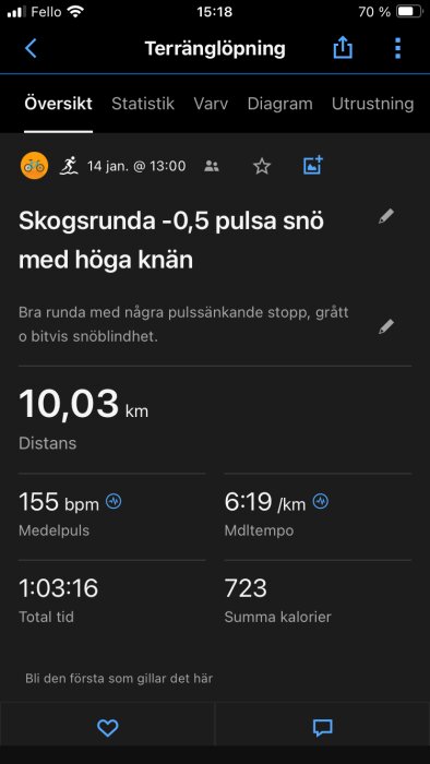 Skärmavbild av träningsapp visar terränglöpning, distans 10,03 km, tempo, puls och kaloriförbrukning.