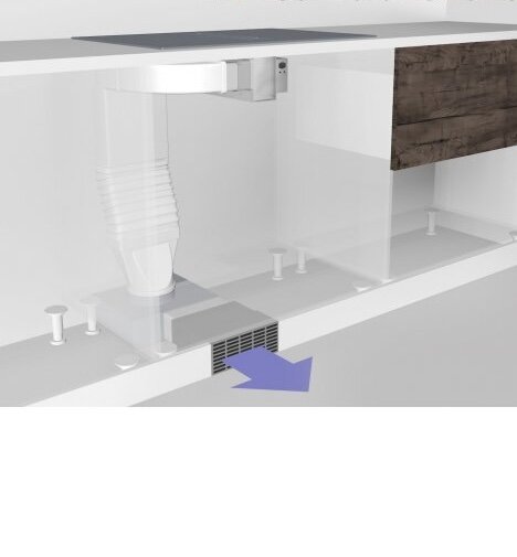 3D-illustration av avlopp under en handfat med synliga rör och en pil som pekar mot ett golvbrunn.