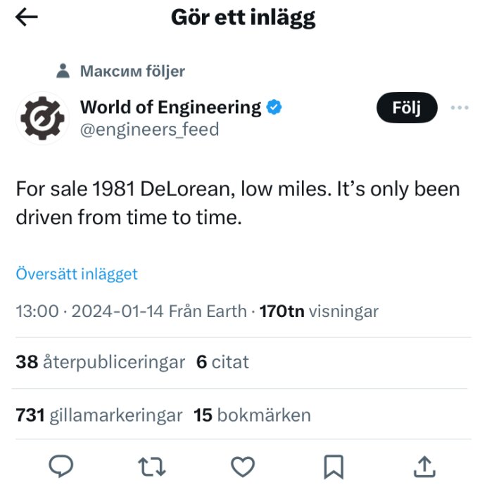 Skärmdump av en tweet som säljer en 1981 DeLorean, använder ordvits om tid.