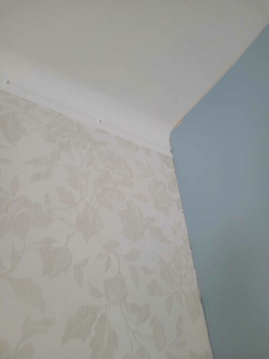 Ett rumshörn med vitmålat tak, blommigt tapetserad vägg och en enfärgad blå vägg.