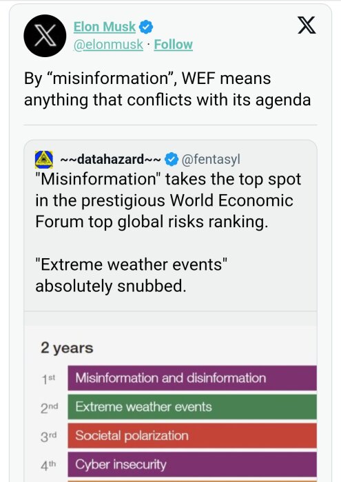 Skärmdump av Twitter-inlägg om desinformation som topprisk enligt World Economic Forum, kritik av WEF:s agenda.