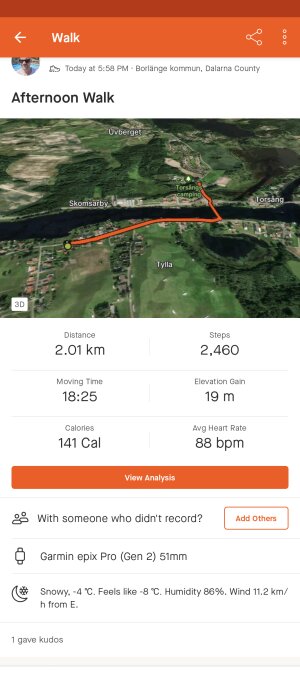 Aktivitetsspårning av eftermiddagspromenad, 2,01 km, kallt väder, använd Garmin enhet.