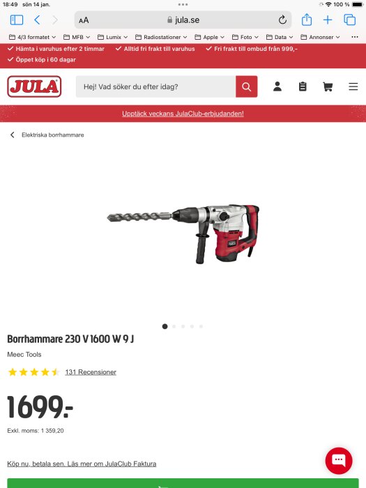 Elektrisk borrmaskin, webbsida, röd och svart, Meec Tools, 230 V, 1600 W, pris 1699 kronor.