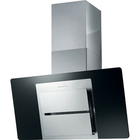 Modern spisfläkt med rostfritt stål utseende och svart glas, designad för väggmontering i kök.