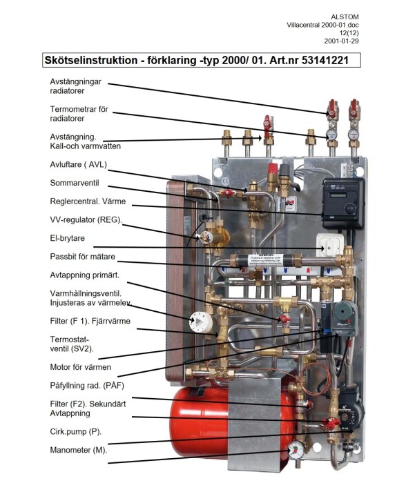 Teknisk anläggningskomponent, etiketter, mätare, rör, ventiler, pump, instruktion, diagram, grå bakgrund.