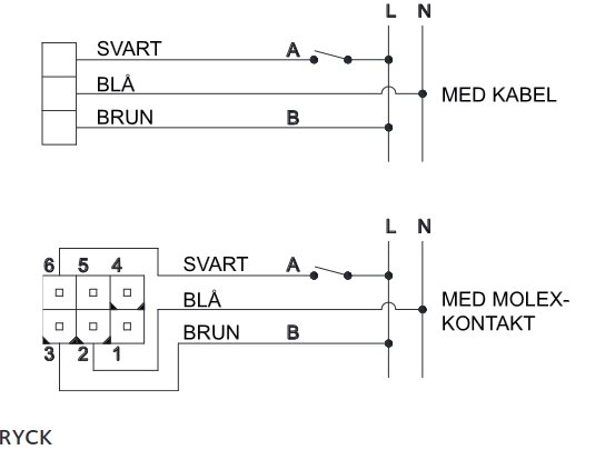 Två elektriska kopplingsscheman, en med kabel och en med Molex-kontakt, färger svart, blå, brun markerade.
