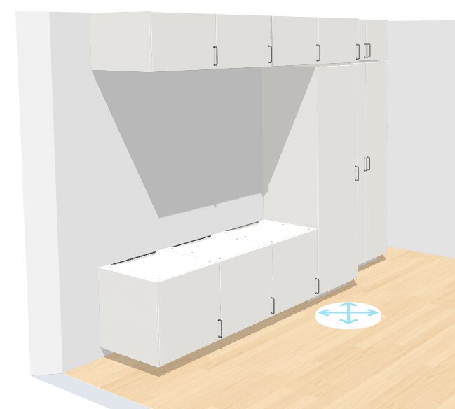 3D-modell av ett vitt kök utan bänkskiva och handtag, spartanskt designat med skåp och lådor.