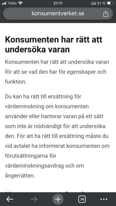 Skärmdump av text från konsumentverket.se om rätten att undersöka en vara och eventuell ersättning vid värde­minskning.