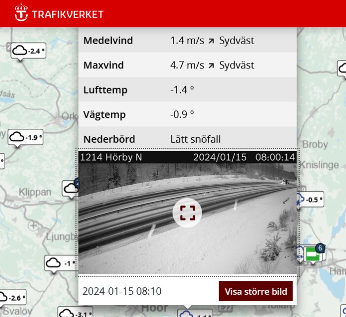 Trafikverkets skärmavbild: vägkameravy, väderinformation, snöigt landskap.