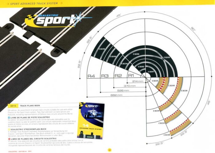 Bild på Scalextric Sport banskiss och tillbehör för racerbana. Inkluderar radiella kurvdelar och mätningsdimensioner.