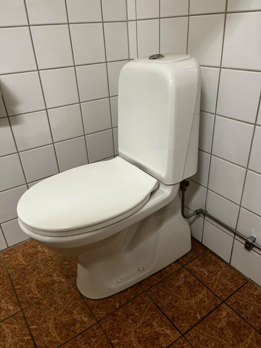 Vit toalettstol i ett kaklat badrum med bruna plattor på golvet.