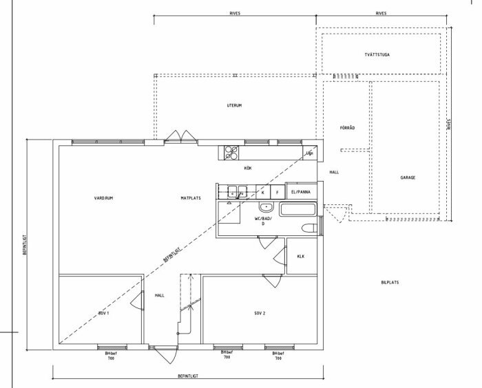 Arkitektonisk ritning av ett hus med kök, vardagsrum, sovrum, badrum, garage och tvättstuga.