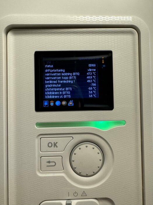 Digital panel som visar status och temperaturdata för ett värmesystem, inramat av grå plast, med knappar och en grön indikatorlampa.