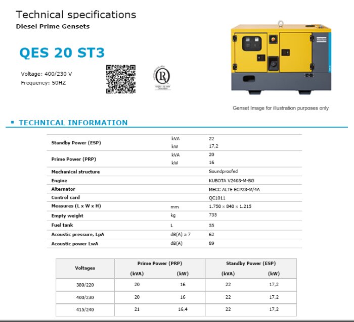 Tekniskt datablad för en ljuddämpad dieselgenerator med specifikationer och illustration.