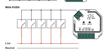 Schematisk illustration av en elektrisk anslutning med push-knappar och kretskortslayout. Märkt med "Live" och "Neutral".