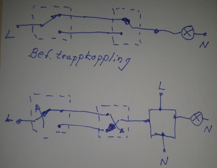 Handritad skiss av elektrisk koppling, förmodat strömbrytarschema, märkt "Bef. trappkoppling".