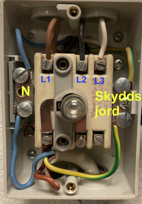 Elcentral med märkta ledningar: N, L1, L2, L3, skyddsjord. Installation, elektricitet, säkerhet, teknik.