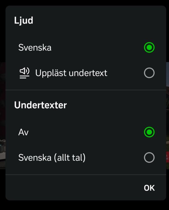 Skärmdump av ljud- och undertextinställningar med alternativ för svenska på en digital enhet.