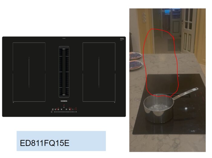 Induktionshäll med Siemens-logotyp, kastrull på, röd markerad silhuett av person reflekterad.