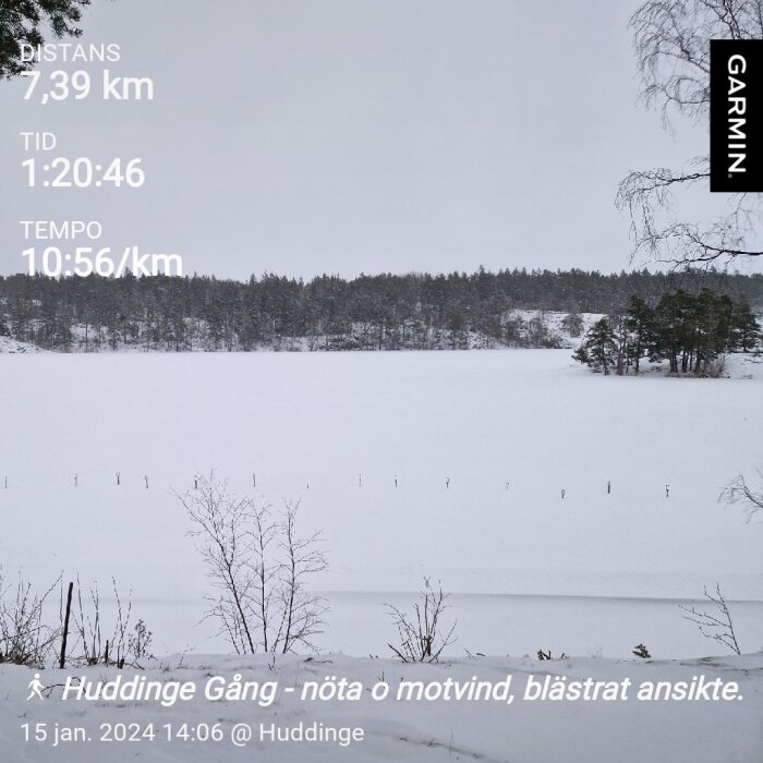 Snötäckt landskap, träd, molnig himmel, statistik från en Garmin-enhet.