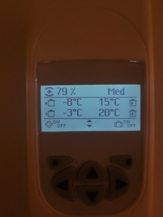 Digital termostat visar 79% luftfuktighet, medium fläkthastighet, med temperaturområden för värme och svalka.