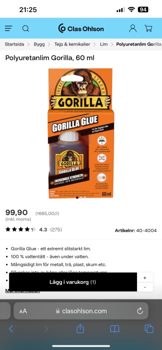 En skärmdump av Gorilla Glue lim från Clas Ohlson webbplats, 60 ml, vattentätt, användaromdömen, köpinformation.