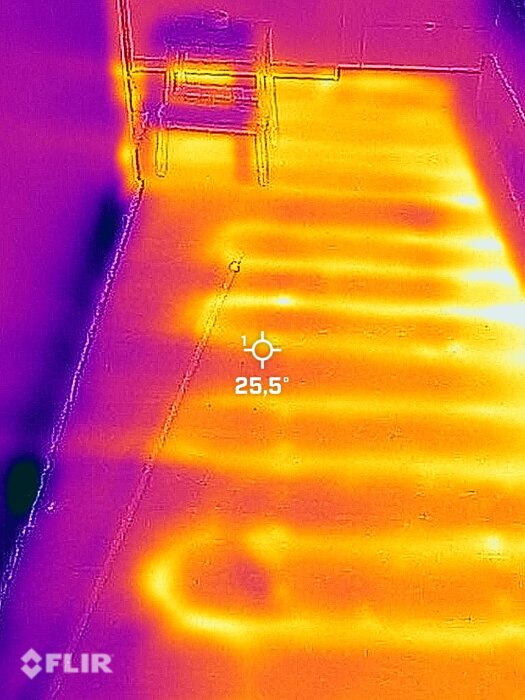 Termisk bild av en korridor, visar temperaturvariationer, kallast nära golvet, varmare upptill, 25,5 grader Celsius indikerat.