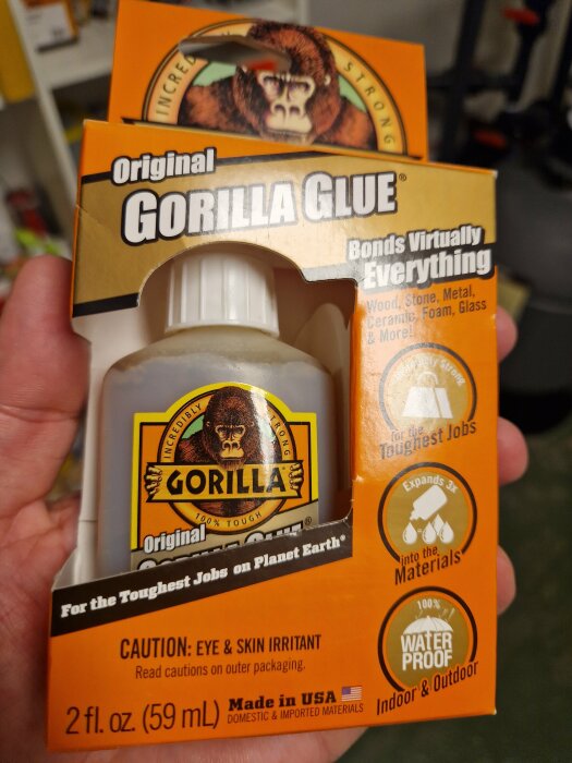 Original Gorilla Glue-flaska, universell lim, varningsikoner, orange förpackning, USA-tillverkad.