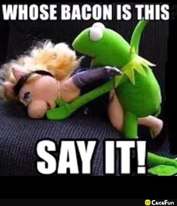 Mupparna Kermit och Miss Piggy gestaltade i humoristisk situation med text "WHOSE BACON IS THIS SAY IT!"