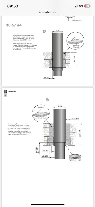 Tekniska installationsscheman för skorsten, isolering och avståndsmått anges. Webbplats gränssnitt synligt överst.