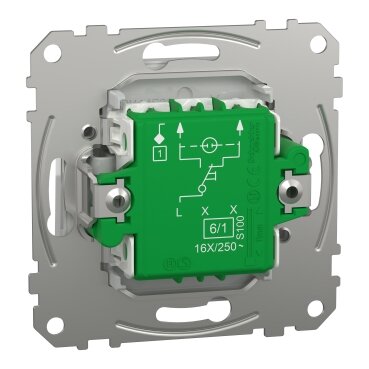 Grön elektronisk komponent med skruvanslutningar, kretsschema, i metallram, sannolikt elektrisk installering.