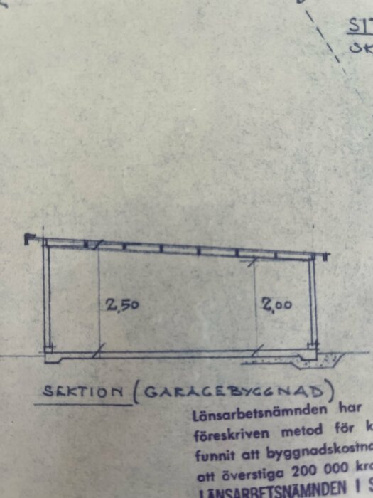 Teknisk ritning av en sektion för en garagebyggnad med måttangivelser i meter.