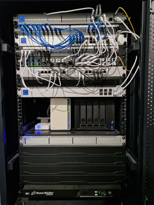 Datacenter-rack med switchar, patchpaneler, UPS, och nätverkslagringsenhet. Kablar är delvis organiserade.