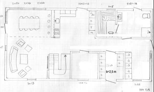 Handritad ritning, möjlig planlösning av hus eller lägenhet, möbleringsskiss, rummets dimensioner markerade.