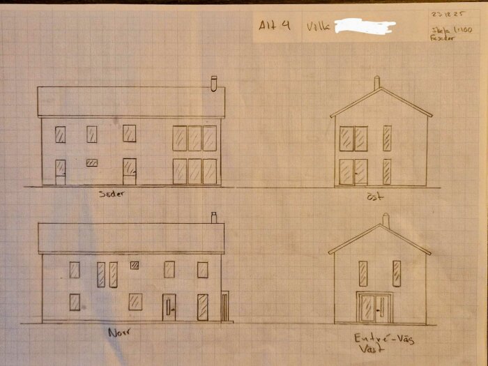 Handritade skisser av ett hus från olika vinklar, på rutat papper, daterad och märkt med anmärkningar.