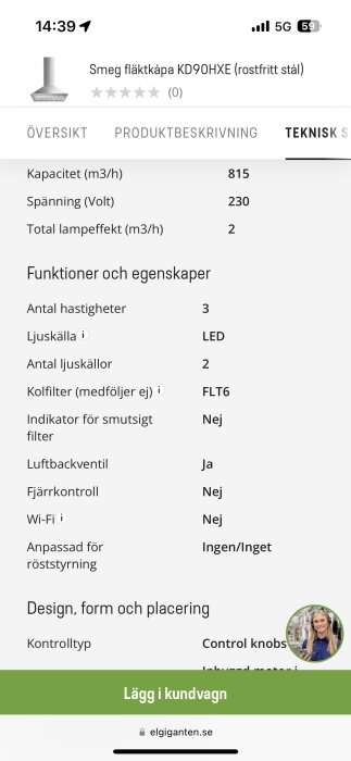 Skärmdump av webbsida; information om Smeg fläktkåpa, teknisk specifikation, Lägg i kundvagn-knapp, kundserviceagent.