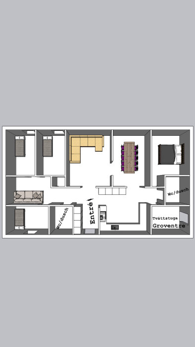 Planritning av en lägenhet med två sovrum, vardagsrum, kök, två badrum, entré och tvättstuga.