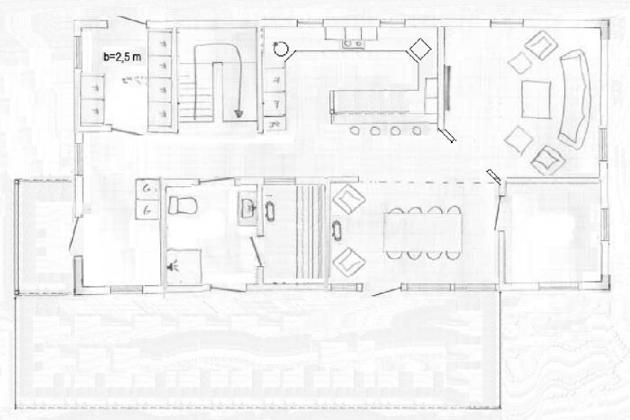 Schematisk ritning av en lägenhetsplan med möbler, kök, sovrum och vardagsrum.