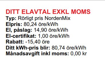 Elektricitetsavtal, rörligt pris, elprisuppgifter, rabatt, månadsavgift, exklusive moms, i Sverige.