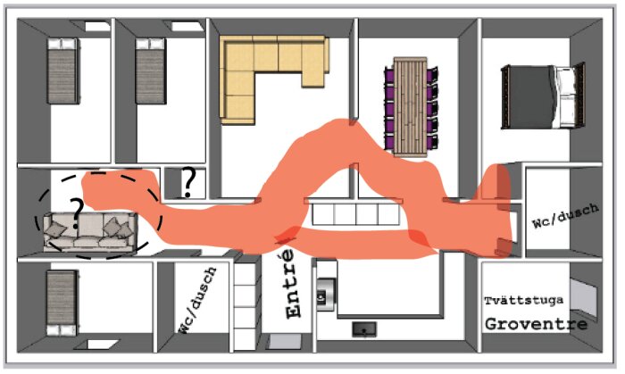 Planritning av en lägenhet med överlagt tecknat, förvånat orangerött monster som tar över rummen.
