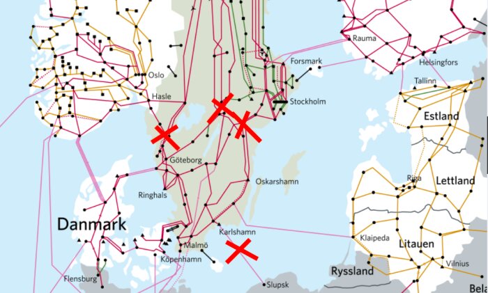 Karta över nordiskt område med markerade infrastrukturavbrott eller störningar, eventuellt elnätet.