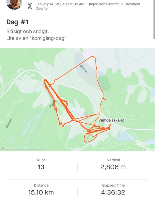 Spårkarta med rutter, skidåkning, 13 åk, 15,10 kilometer, 2806 meter höjd, 4 timmar 36 minuter.