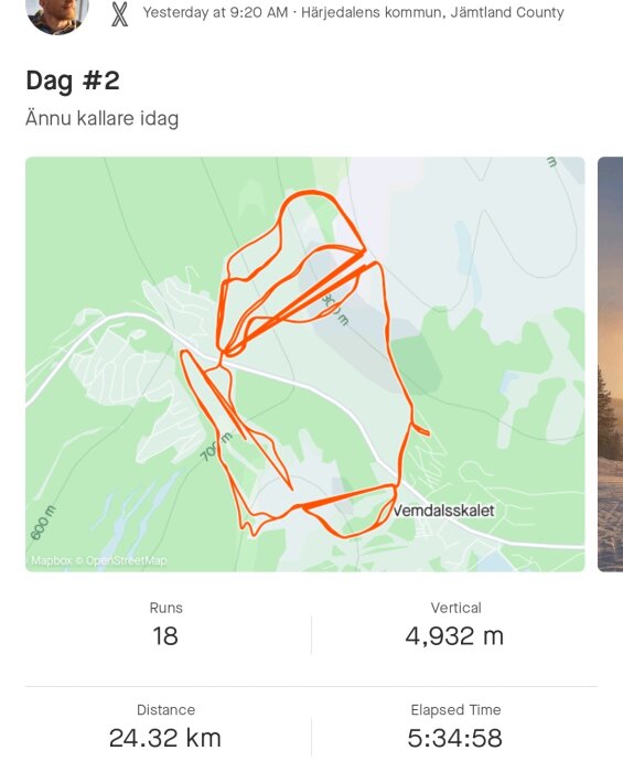 Skärmavbild av aktivitetsspårning: 18 skidåkningar, 24.32 km, 4932 m vertikalt, 5:34:58 tidsåtgång.