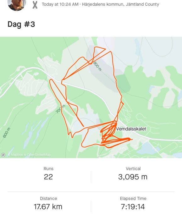 Spårkarta över skidåkning, 22 åk, 17,67 km åkta, 3095 m höjd, tidsförbrukning 7 timmar 19 minuter.